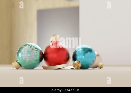 3D rendering realistiche palline di Natale colorate stile moderno ed elegante con spazio copia Foto Stock