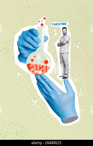 Immagine collage creativa verticale delle mani positive del medico i guanti sterili che tengono il pallone di vetro del laboratorio inventano la prevenzione delle malattie del vaccino Foto Stock