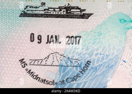 Sig.ra Midnatsol a Cape Horn 09 gennaio 2017 timbro sul passaporto britannico Foto Stock