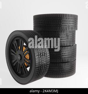 Set completo di cerchi in lega e nuovi pneumatici immagine 3D realistica Foto Stock