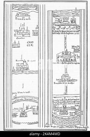 La sezione da Londra a dover dalla mappa dell'itinerario di Matthew Paris di Londra alla Palestina, 13th ° secolo. Di Matteo Parigi (C1200-1259). Le mappe di pellegrinaggio di Gerusalemme cominciarono ad apparire negli anni '1200s. Qui il monaco benedettino inglese, Matteo Parigi, rappresenta il viaggio da Londra a Gerusalemme. La mappa appare nelle versioni della Chronica Maiora di Parigi, la sua storia del mondo dalla sua creazione al 1253. Appare in uno stile lineare, con le foglie incollate da una parte all'altra e può essere stata originariamente una mappa a striscia lunga. Foto Stock
