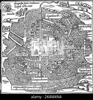 ''Temistitan' (Tenochtitlan, Città del Messico moderna), 1547. Di Benedetto Bordone (1460-1531). Un piano di 'Temistitan' (Tenochtitlan, Città del Messico moderna) prima della sua distruzione da parte di Hernán Cortés (1485-1547). Dall'Isolario di Benedetto Borbone, 1547. Foto Stock