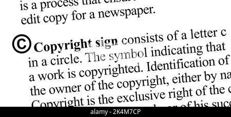 Il simbolo del copyright è costituito da una lettera c in un cerchio. Il simbolo che indica che un'opera è protetta da copyright. Identificazione del proprietario del copyright, eit Foto Stock