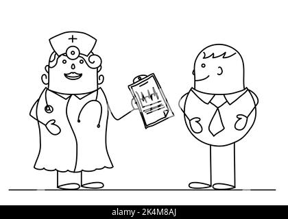 Cartoon disegnata a mano medico femminile in un camice da laboratorio che tiene un tampone, con il paziente, spiegando i risultati medici. Illustrazione Vettoriale