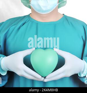 Chirurgo che tiene un cuore verde sulle mani Foto Stock