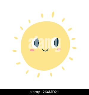 Carino kawaii sole in cartoon stile piatto. Illustrazione vettoriale dell'icona del sole dei bambini con il volto felice per il poster, la stampa del tessuto, la scheda, l'abbigliamento dei bambini. Illustrazione Vettoriale