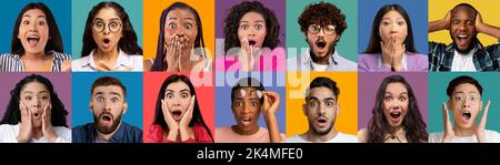 Attraenti giovani multiculturali che mostrano stupore, insieme di foto Foto Stock