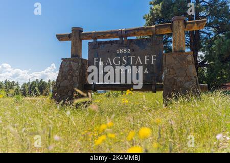 Cartello rustico ai confini della città di Flagstaff, Arizona Foto Stock