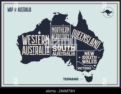 Mappa Australia. Mappa poster dell'Australia. Stampa dell'Australia, mappa amministrativa con stati, regioni. Mappa grafica disegnata a mano con gli stati per t-shirt, bandiera. Illustrazione vettoriale Illustrazione Vettoriale