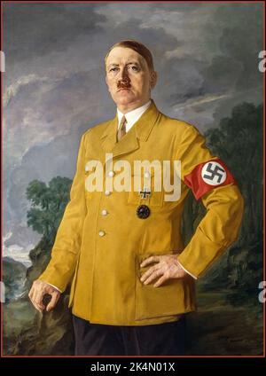 Adolf Hitler OLIO PITTURA Der Führer Gemälde Adolf Hitler Ritratto Pittura di Adolf Hitler in uniforme con fascia da braccio swastika by Heinrich Knirr Austriaco pittore tedesco nato 1937 Foto Stock