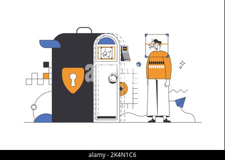 Concetto web di controllo biometrico in design a profilo piatto con carattere. L'uomo usa l'accesso sicuro per entrare, lo scanner scansiona il suo volto e chiede la password Illustrazione Vettoriale
