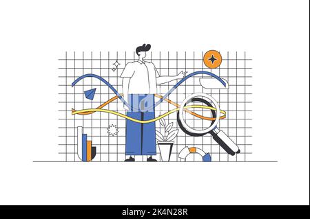 Business statistica web concetto in linea di disegno con carattere. L'uomo analizza i dati e fa il rapporto finanziario o la ricerca di mercato. Budget aziendale Illustrazione Vettoriale