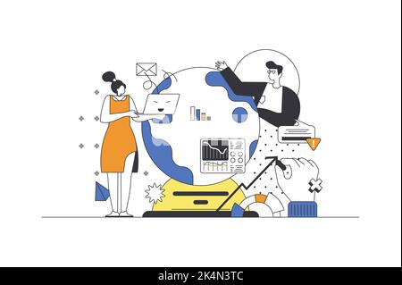 Strategia globale di business concetto web in linea di disegno con i caratteri. Donna e uomo discutono la strategia di espansione sul globo, l'introduzione sul mercato dentro Illustrazione Vettoriale