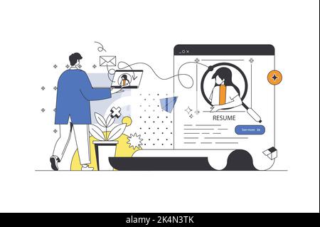 Concetto di web di processo HR in un design a profilo piatto con personaggi. L'uomo sceglie il curriculum del migliore candidato. Candidati al colloquio per i posti vacanti aperti. Umano Illustrazione Vettoriale