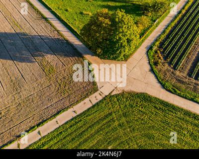 Diverse strade sterrate viste con il drone si incontrano ad un bivio sulla strada e richiedono una decisione Foto Stock