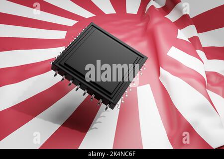 Chip per computer avanzati ad alta tecnologia sulla firma navale del Giappone. Illustrazione del concetto di microchip progettati e prodotti in Giappone Foto Stock