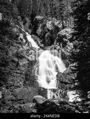 Una foto in scala di grigi di una cascata che scorre sulle rocce nel Parco Nazionale del Grand Teton Foto Stock