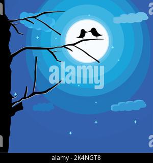 Uccelli neri sul ramo di notte, illustrazione, vettore su uno sfondo bianco. Illustrazione Vettoriale