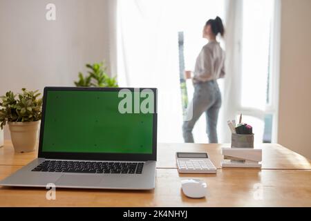 Notebook con schermo verde vuoto sul posto di lavoro dello sviluppatore di software contro la giovane donna in ambiente domestico Foto Stock