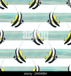 Brillante, a strisce, bianco e nero con pesci tropicali gialli, triangolari, su uno sfondo di strisce blu orizzontali. Illustrazione acquerello. Senza cuciture Foto Stock