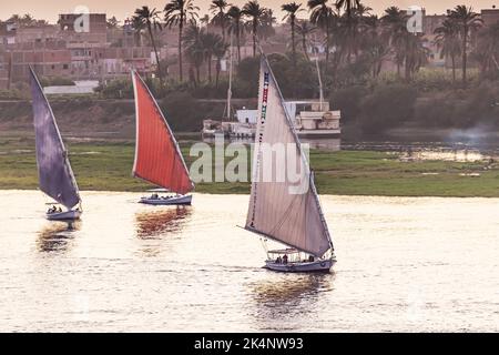 Edfu, Assuan, Egitto. Febbraio 25, 2022. Felucca in barca a vela sul Nilo a Edfu. Foto Stock