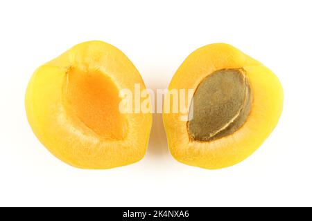 Due metà di albicocche con semi di nocciolo isolato su fondo bianco Foto Stock