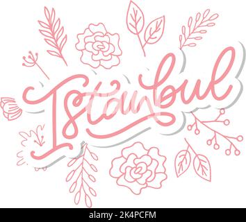 Istanbul. Scrittura a mano. Logo vettoriale di Istanbul in colore nero con gabbiani su sfondo bianco. Prodotti souvenir, emblema banner, blog di viaggio Illustrazione Vettoriale