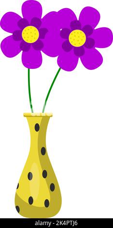 Fiori viola in vaso giallo, illustrazione, vettore su sfondo bianco. Illustrazione Vettoriale