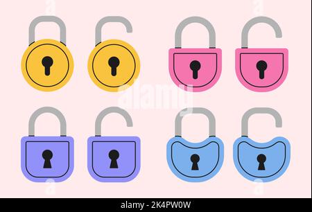 Set di semplici lucchetti minimal bloccati e sbloccati con un foro per chiave. Simbolo di sicurezza piatto. Illustrazione vettoriale. Illustrazione Vettoriale