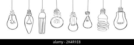Set di lampadine vettoriali in linea, stile dodle. Lampade elettriche disegnate a mano, lampadine. Processo di risoluzione, scatenando problemi. Concetto di vettore di brainstorming. Illustrazione Vettoriale
