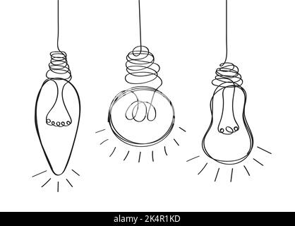 Set di lampadine vettoriali in linea, stile dodle. Lampade elettriche disegnate a mano, lampadine. Processo di risoluzione, scatenando problemi. Concetto di vettore di brainstorming. Illustrazione Vettoriale