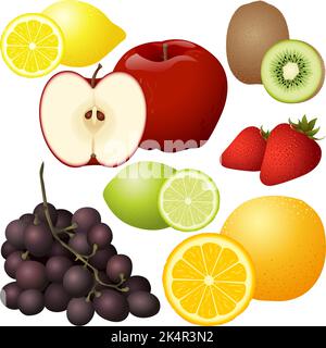 Un gruppo di sette tipi diversi di frutta: Limone, mela, kiwi, fragola, lime, uva e arancia Illustrazione Vettoriale