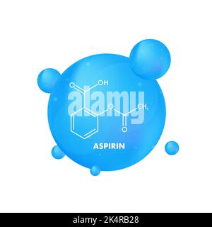 Acetilsalicilico, etichetta icona formula chimica di concetto di aspirina, illustrazione vettoriale font di testo Illustrazione Vettoriale