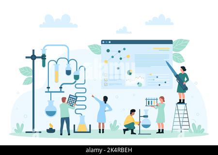 Ricerca chimica in laboratorio e tecnologia per l'illustrazione vettoriale dello sviluppo scientifico. Cartoon le persone più piccole lavorano con provette e matracci su esperimenti chimici, studio del team di scienziati Illustrazione Vettoriale