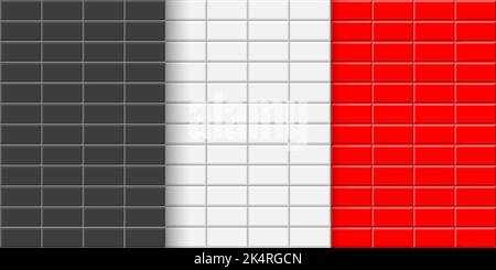 Set di motivi senza cuciture in bianco, nero e rosso. Sfondo della cucina o parete del bagno o superficie del pavimento. Ceramica o pietra sfondo mattone. Interni o facciata texture design. Illustrazione piatta vettoriale Illustrazione Vettoriale