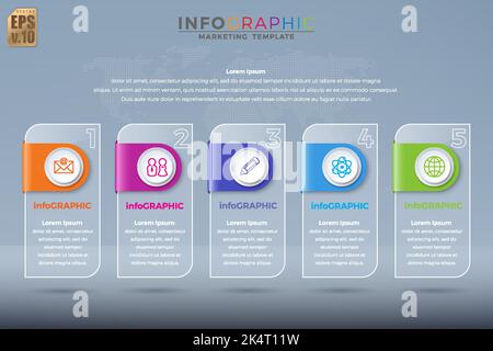 Infografica Business modello colorato disegno vettoriale icone rotonde e barra luminosa 5 opzioni o passi in vetro lucido stile lastra. È possibile utilizzare per Illustrazione Vettoriale