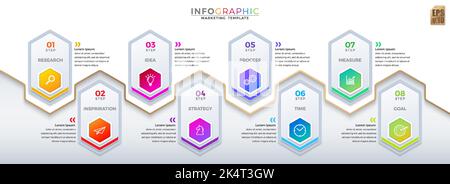 Infografica VETTORE business design icone esagonali modello colorato. 8 opzioni o passi isolato stile minimal. È possibile utilizzare per il processo di marketing, wor Illustrazione Vettoriale