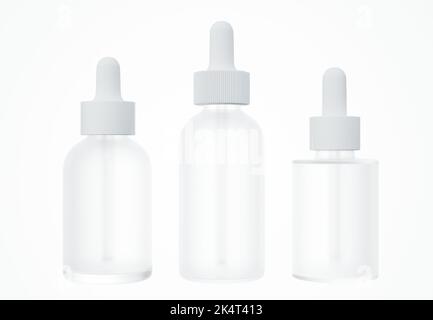 Set di diversi flaconi per contagocce di siero cosmetico bianco, concetto di confezionamento del prodotto per la cura della pelle, modello deady di design commerciale Foto Stock