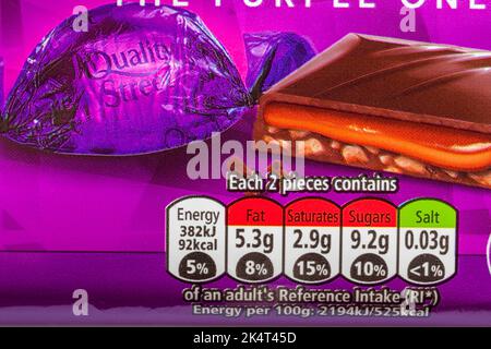 Informazioni nutrizionali sistema di etichettatura dei semafori su Quality Street Favourites ispirato alla barretta di cioccolato Purple One di Nestle Foto Stock