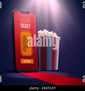 App mobile per la prenotazione online dei biglietti dei film: Smartphone con biglietto, popcorn e tappeto rosso Foto Stock