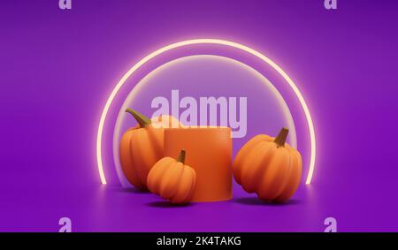 Zucche di Halloween con una luce al neon che si illumina su uno sfondo viola. Rendering 3D Foto Stock