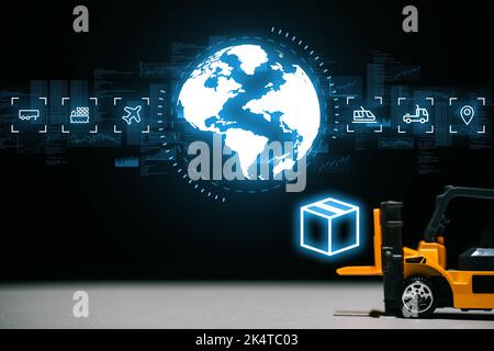 Il concetto di logistica e consegna di merci in tutto il mondo. Ologramma della mappa del mondo e icone. Foto Stock