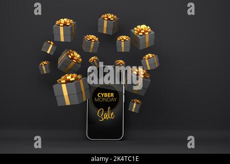 Scatole regalo scure con nastro dorato e arco che si avvolge intorno a uno smartphone con il testo "Cyber Monday sale". Foto Stock