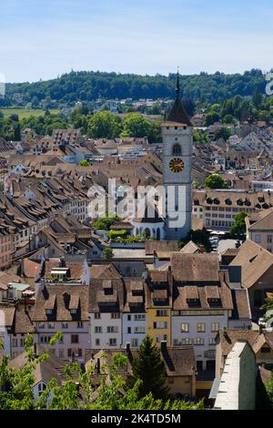 Vista dalla fortezza di Munot alla città con la chiesa parrocchiale di San Giovanni, Sciaffusa, Canton Sciaffusa, Svizzera, Europa Foto Stock