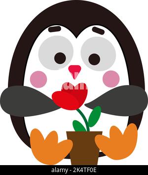 Pinguino con fiore, illustrazione, vettore su sfondo bianco. Illustrazione Vettoriale