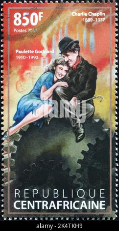 Charlie Chaplin e Paulette Goddard sul francobollo Foto Stock