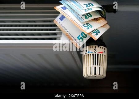 Controllo dei costi di riscaldamento - controllo del radiatore e bollette in euro sul riscaldamento centrale Foto Stock