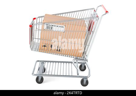 Carrello con concetto di pacco, ordine e consegna. 3D rendering isolato su sfondo bianco Foto Stock