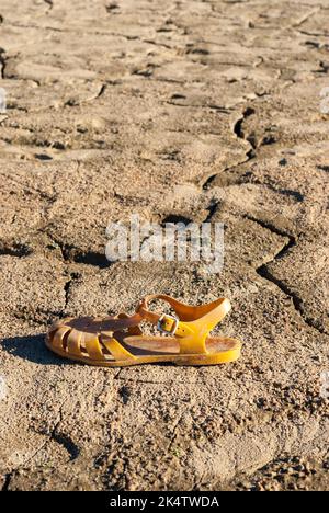 sabbia di granchio di plastica su terra incrinata dovuto la mancanza di acqua cambiamento climatico siccità Foto Stock