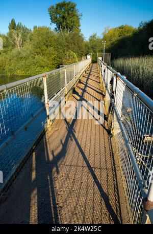 Abingdon-on-Thames sostiene di essere la città più antica dell'Inghilterra. E il Tamigi attraversa il suo cuore. Qui vediamo la passerella sopra Abingdon Weir Foto Stock